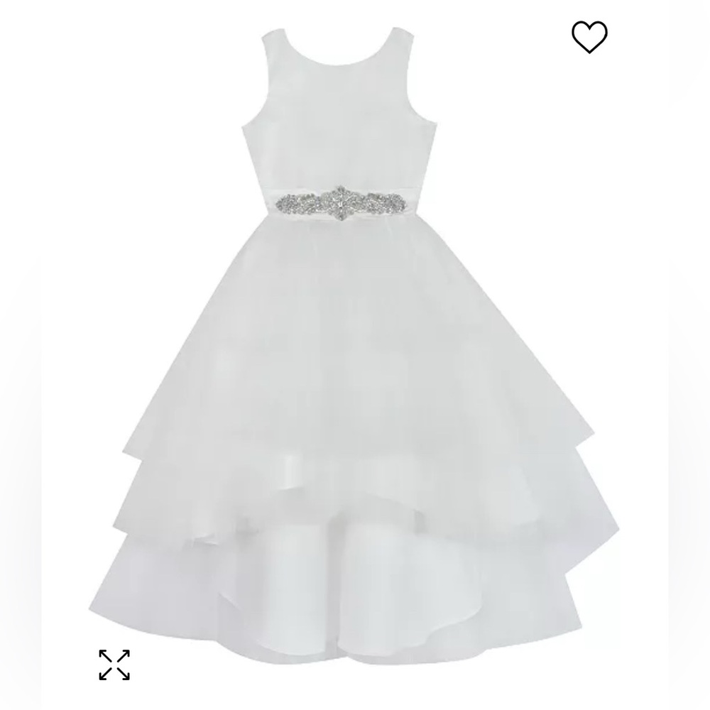 Chantilly Place White Satin Bodice Jeweled Belt Tulle Tiered High Low Dress 3T